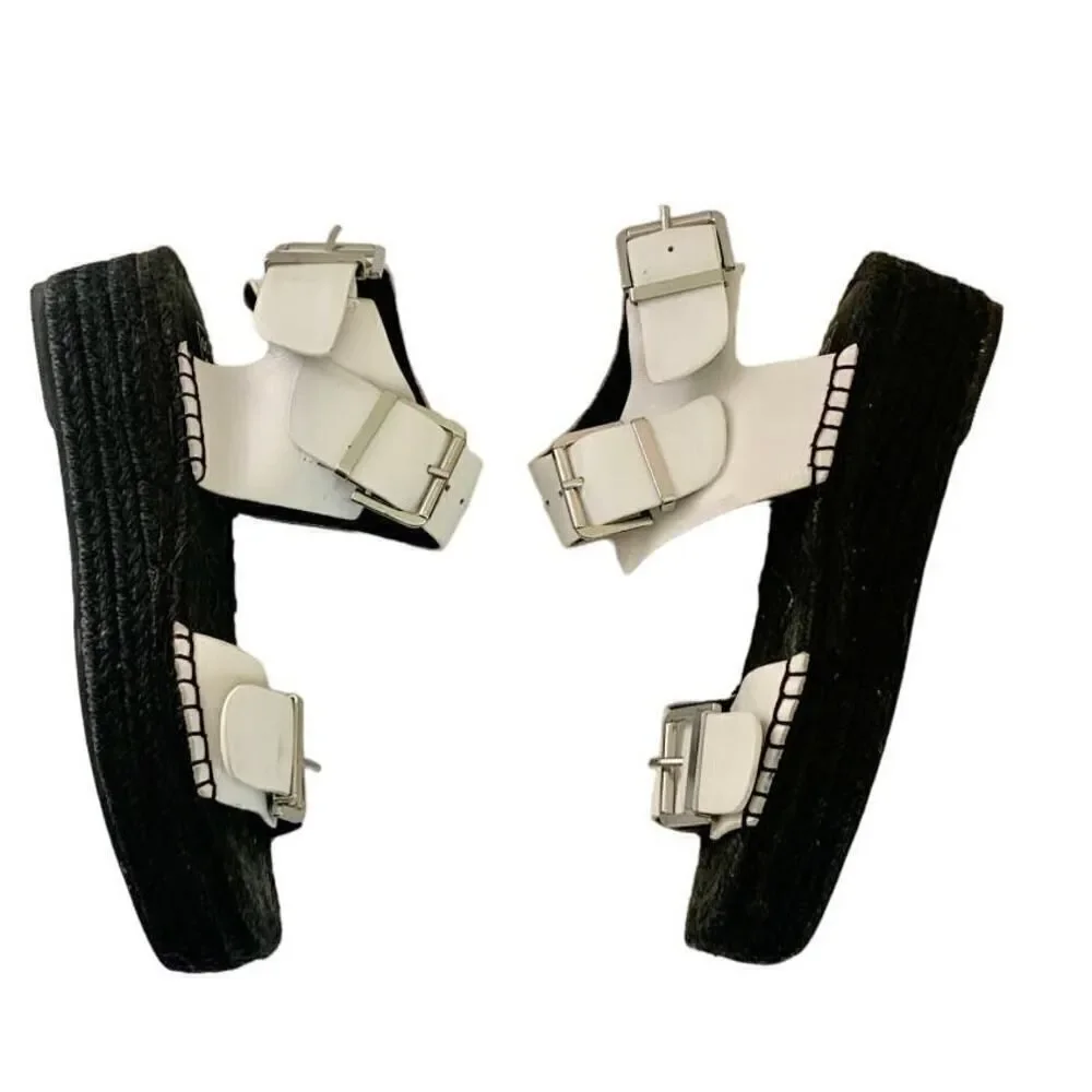 White Leather Buckled Black Espadrille Platform Sandal Sol Sana Size 6